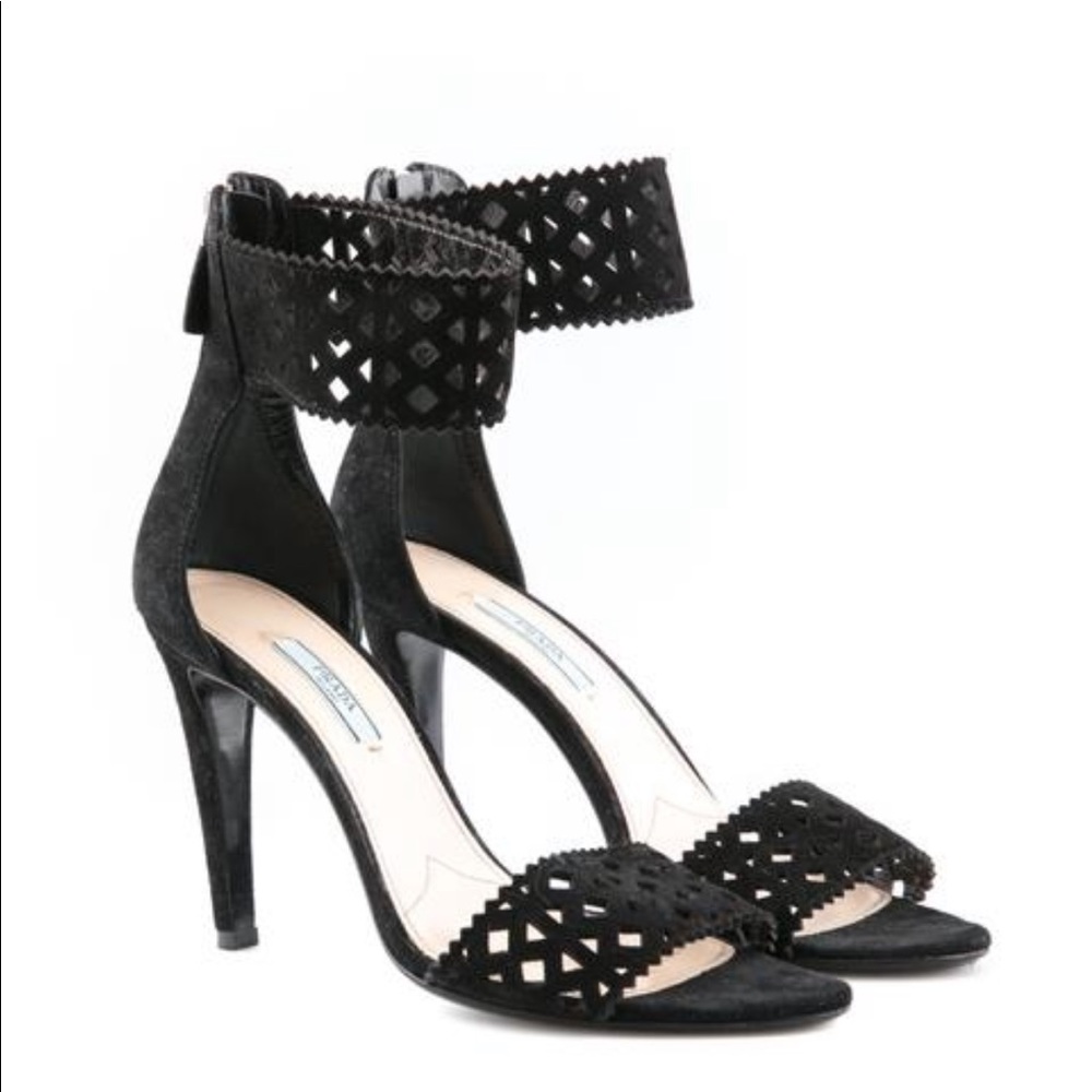 Prada laser cut ankle strap open toe heels